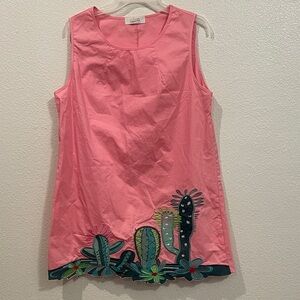 Vibrant Pink Sleeveless Tunic Dress with Cactus Embroidery